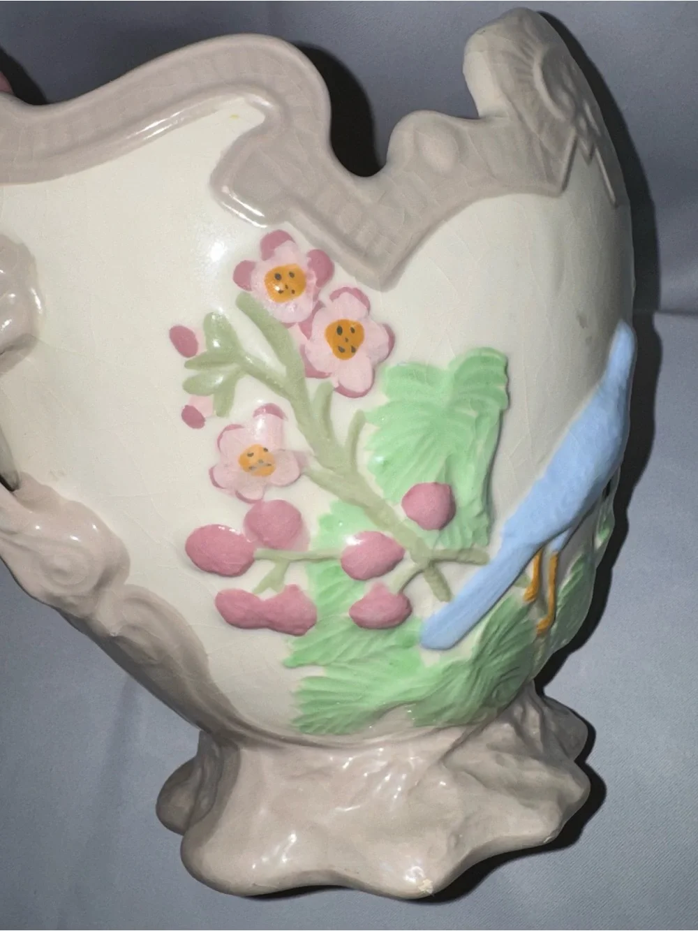 Vintage Large Hand-Painted Bird Planter Crackle Vase Blue Bird & Flowers